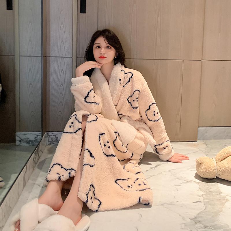 Kontrastní barva Jednoduché Zimní Nové Dámské Pyžamo Sladké a Šik Zesílené Teplé Dámské Flanelové Pyžamo s Dlouhým Rukávem