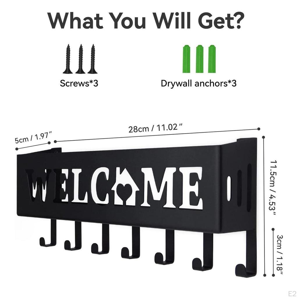 Key Hanging Holder with 7 Hooks Front Door Screws and Anchors Office Garage