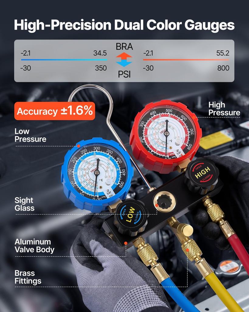 AC Manifold Gauge Set for R134a R404A R1234yf R22 Refrigerant, 3 Way AC Gauge with 1.5m Hoses, Adapters, Quick Couplers, Can Taps for Automotive Air