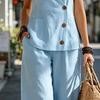 Women's Summer Sleeveless 2 Piece Outfits Button Down Tank Top And Wide Leg Pants Casual Loungewear Matching Sets