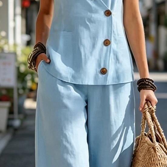Women's Summer Sleeveless 2 Piece Outfits Button Down Tank Top And Wide Leg Pants Casual Loungewear Matching Sets