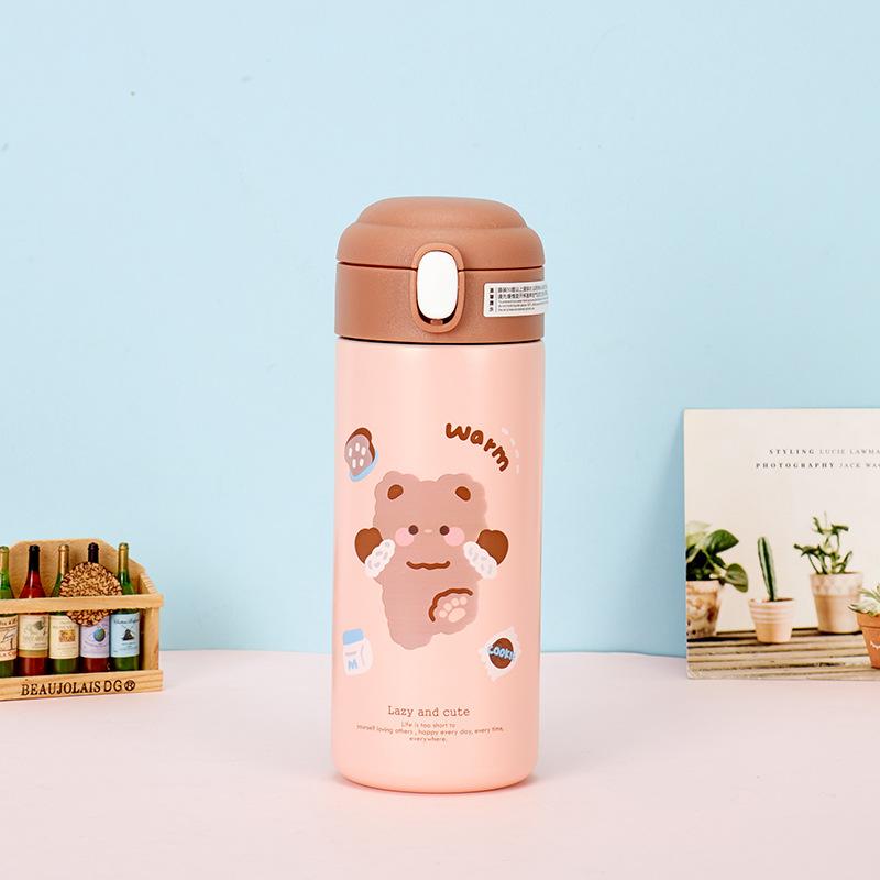 380ml Cute Cartoon Animal 304 Stainless Steel Water Bottle, One Click Pop Up Straw Insulated Thermos for Kids Girls Students