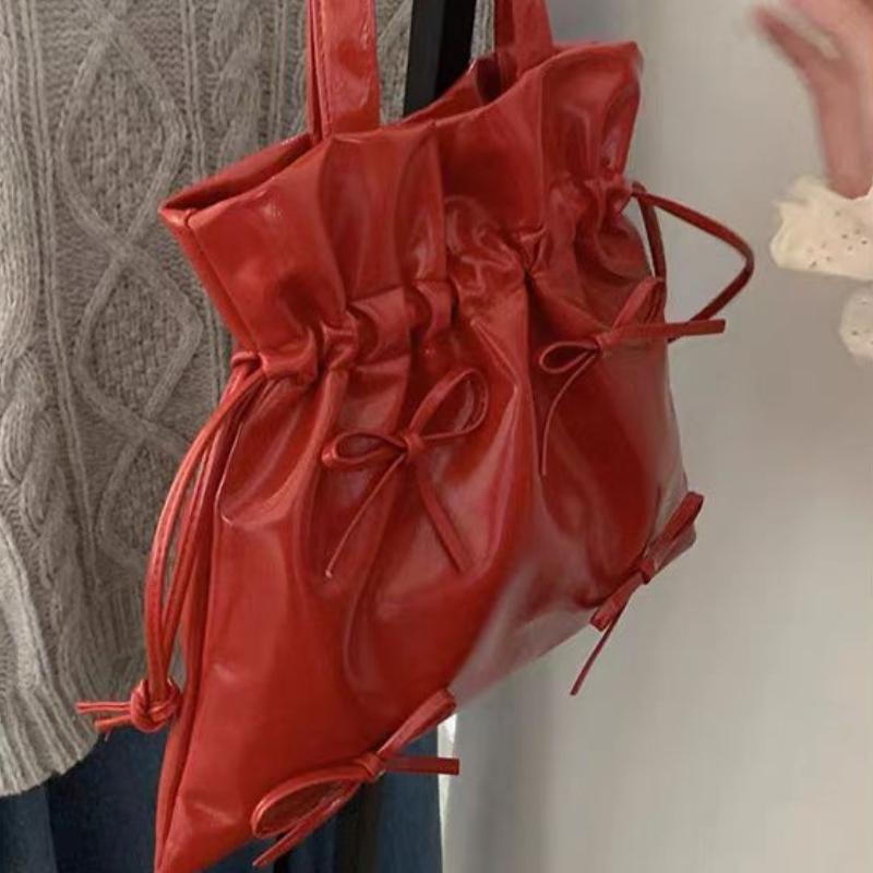 Korean Niche Designer Style Pleated Drawstring Bucket Bag Tote Bag Sweet Bowknot Handheld Underarm Shoulder Bag