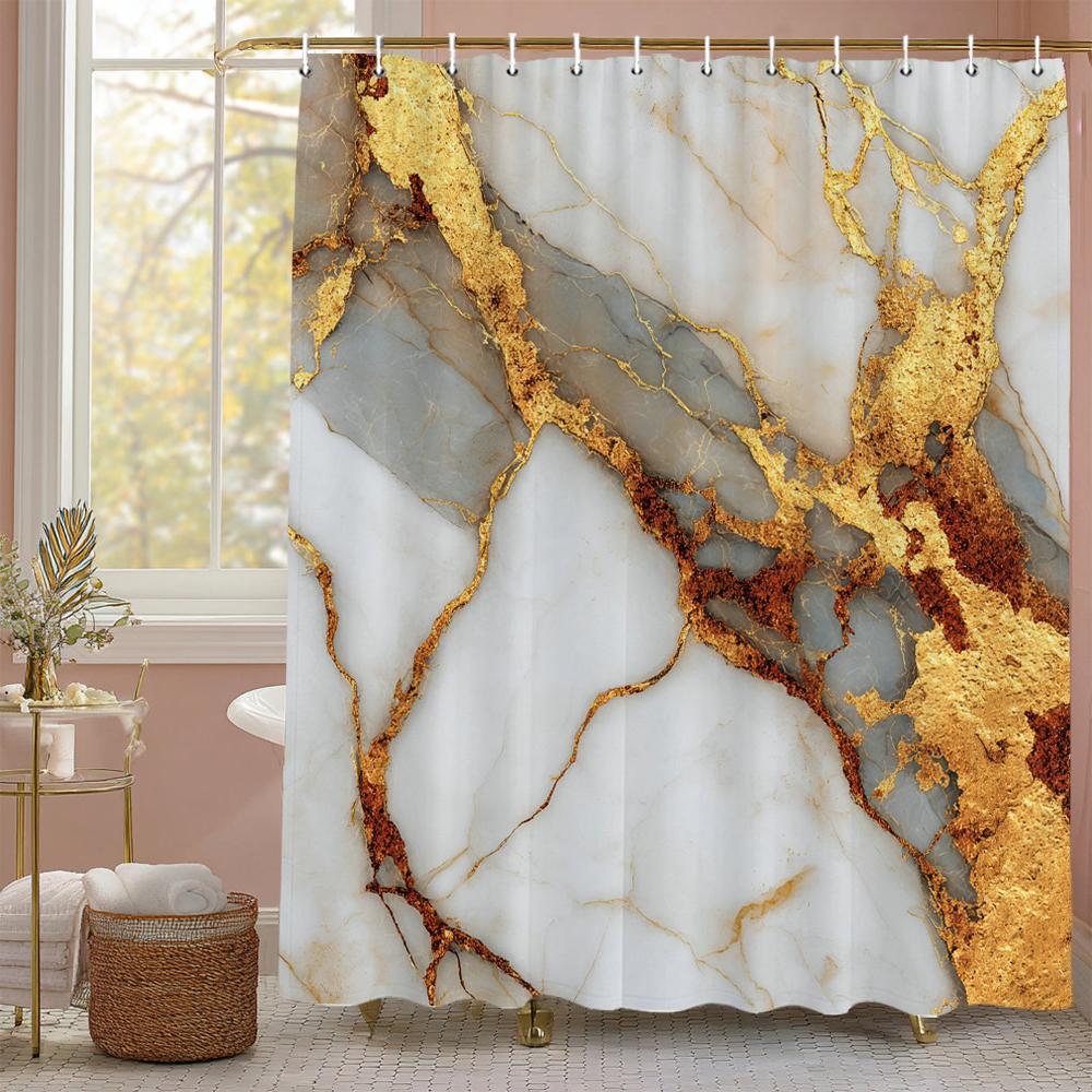 Cortina de Ducha Mármol Negro Tinta Oro Gris Abstracto, Cortina de Ducha Decorativa para Baño, Cortina de Ducha Impermeable con Ganchos