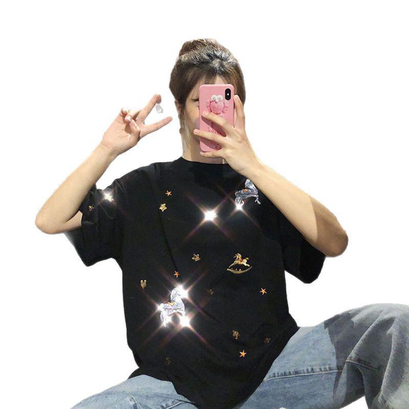 2025 Summer Korean Style Women's Loose Pure Cotton Embroidered Sequin T-Shirt Short Sleeve Student Top