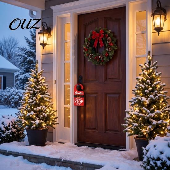 Front Door Decoration Christmas Hanger Sign with Santa Please Stop Here Text, Wooden Home Welcome Claus Belt Hanging for Holiday Party Decor