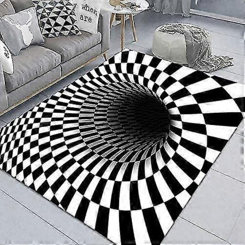 Optical Illusion Rug 3d Stereo Checkered Vortex Optical Illusions Rug Funny Sensation Of Falling Black White Non-slip Plaid Hole Area Rug For Dining