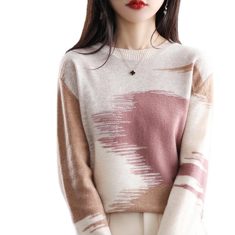 Women's Spring and Autumn New Crew Neck Bottoming Shirt Loose Color Matching Pullover Sweater Women's Knitted Sweater