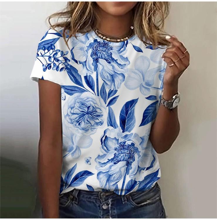 2025 Casual Sports Women's T-shirt Summer New Style Garden Collar Short Sleeve Fresh Floral Loose Lightweight Fabric Casual