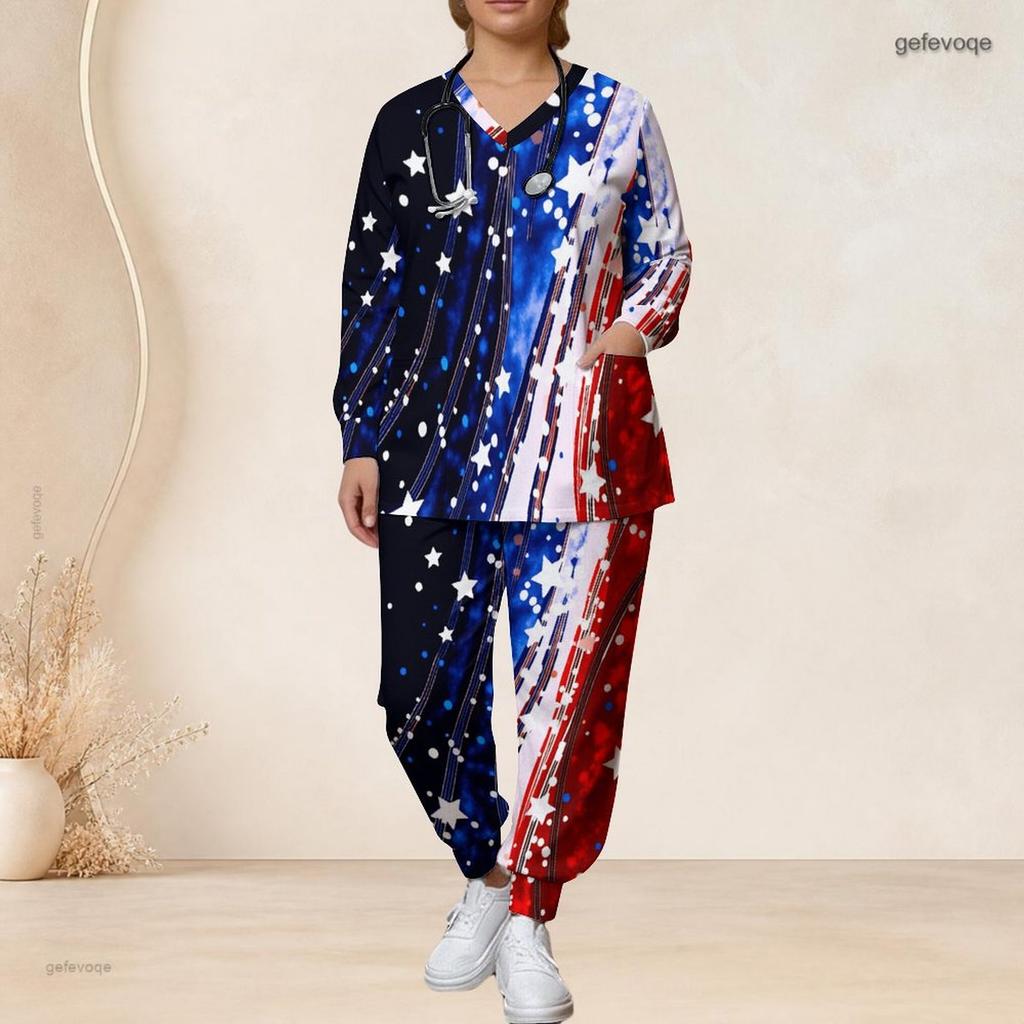 Women Plus Size Star Print Nurse Scrub Set V Neck Long Sleeve Pockets Red Blue White Two Piece