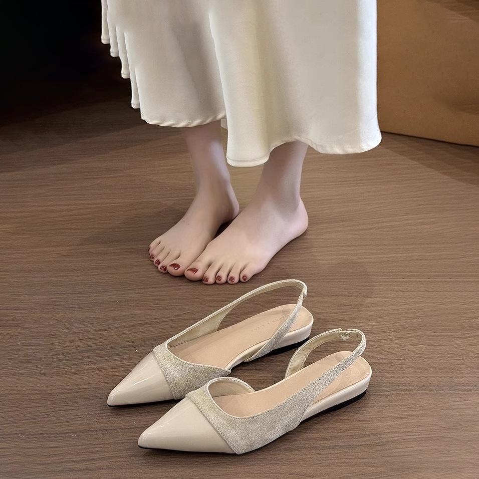 French gentle wind nude low-heeled single shoes women's 2025 summer new pointed head shallow mouth temperament empty bag head sandals