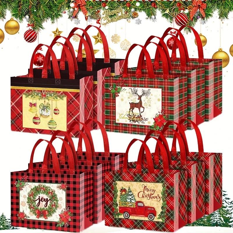4/12pcs Christmas Gift Bags Tote Bags with Handles Reusable Non-Woven Shopping Bags for Xmas Gifts Wrapping Holiday Party Decors