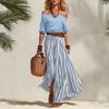Conjunto Náutico para Vacaciones con Top de Hombros Descubiertos y Falda Larga con Abertura para Mujer
