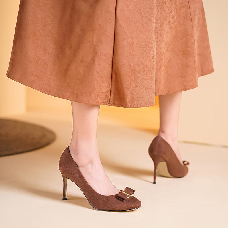 Suede not tired feet French round head bow stiletto high heels 2025 new commuter shallow mouth work single shoes women