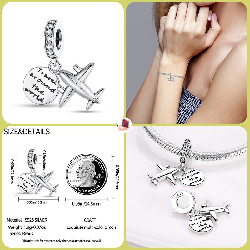 925 Silver Globe Airplane Charm Beads For DIY Bracelet Making Ladies Jewelry 3mm Original Design