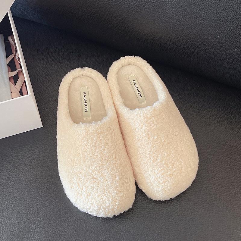 2025 autumn and winter new thick-soled fluffy slippers women's outer wear bag head plush one pedal lazy shoes cotton slippers