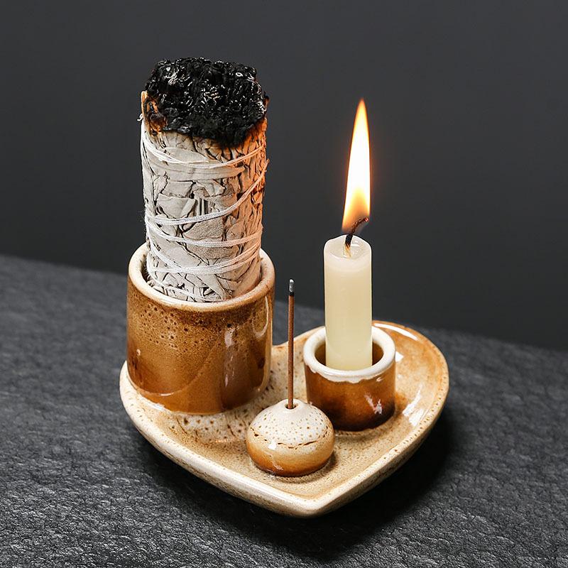 5-in-1 Keramik Räucher- & Kerzenhalter mit Aschefänger-Ablage Perfekt zum Räuchern mit Salbei, Smudge, Meditation und Yoga Räucherhalter