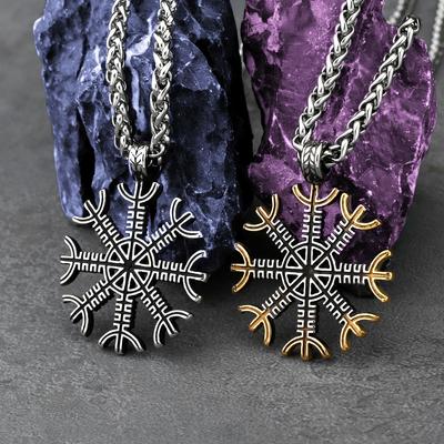 Nordic Viking Mixed Gold Helm of Awe Runic Necklace Men's Stainless Steel Vegvisir Fashion Charm Pendant Necklace Biker Jewelry