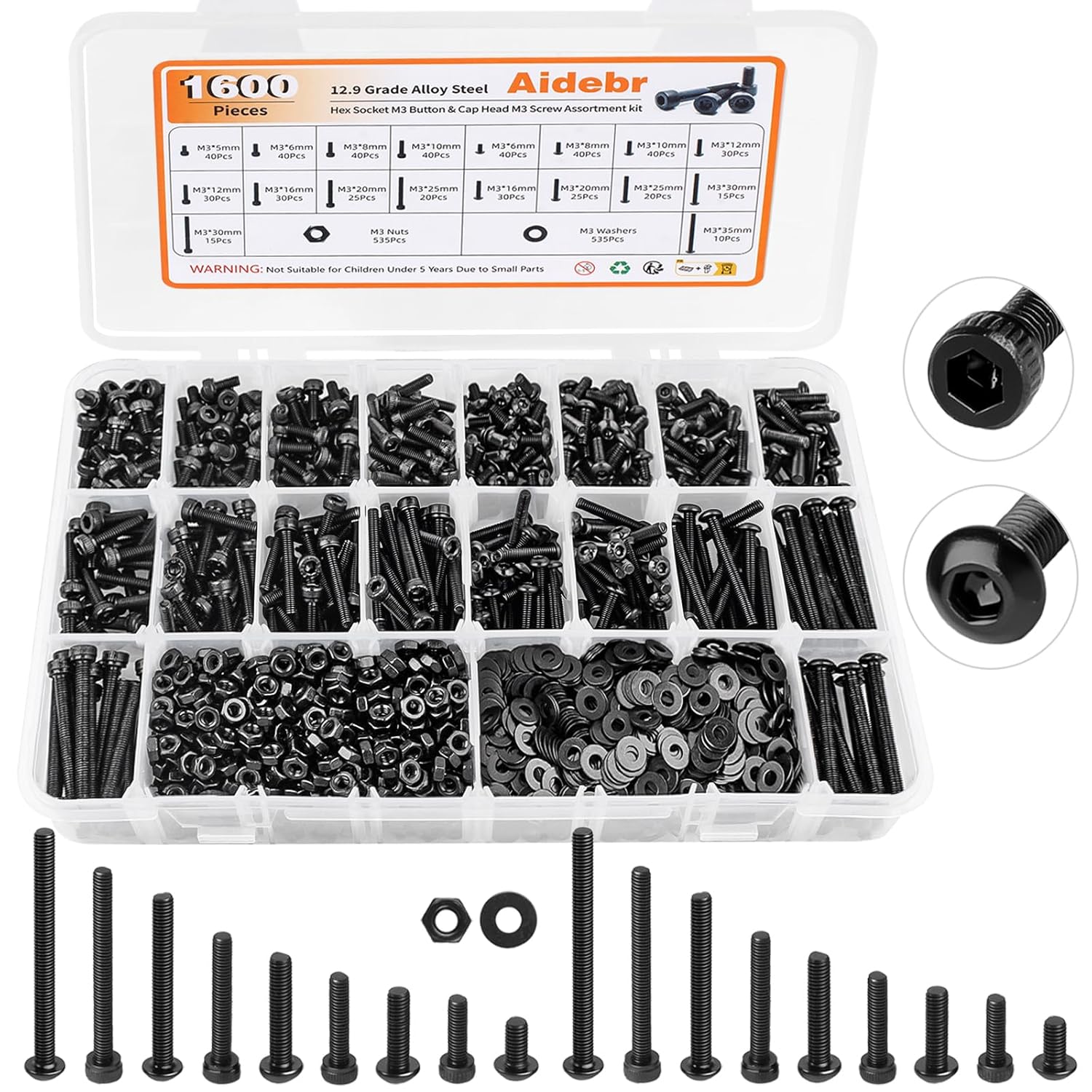 1600 PCS M3 Screw Kit, Hex Button Socket & Cap Head M3 Metric Screw Assortment Kit, Grade 12.9 Alloy Steel Assorted M3 Bolts and Nuts Machine Screw
