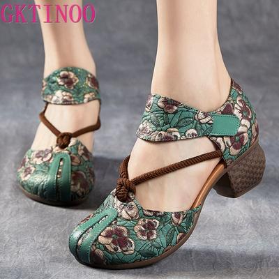 Fashion GKTINOO 2025 New Women Sandals Summer Genuine Leather Print Thick Heels Sandals Retro Style Round Toe Casual High Heel Shoes