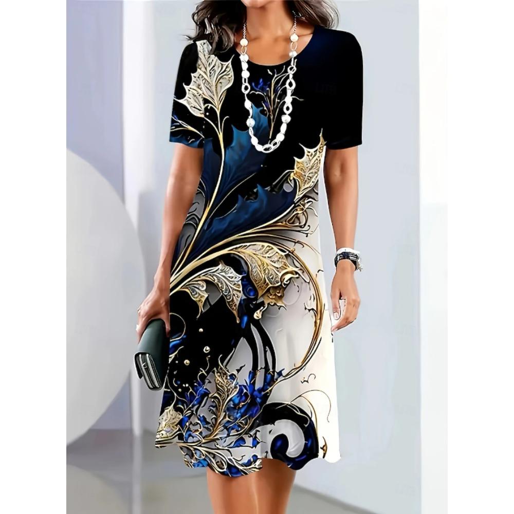 Women's Fashion Marble Texture Pattern Print Summer Spring Short Sleeve O-Neck Casual Dresses