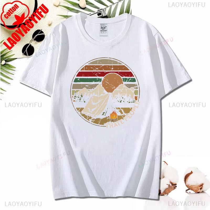 Love Camping I Hate People Vintage Funny T-Shirt Unisex Tees Camping Hiking Short Sleeve Tops Camper Gift Cotton O-Neck T-Shirt