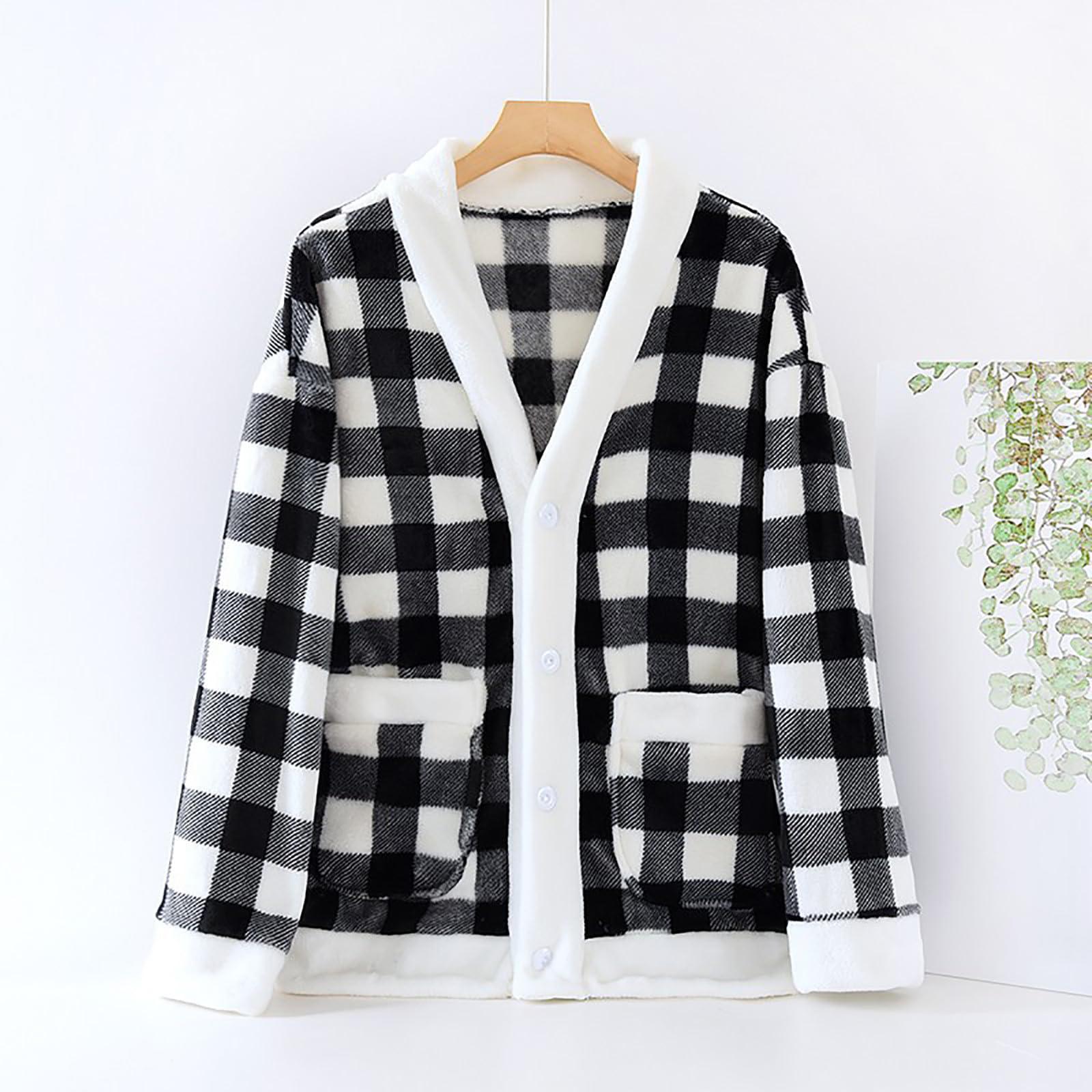 

Ladies Fashionable V Neck Long Sleeved Cardigan Flannel Warm Sleepwear Jacket L чорний