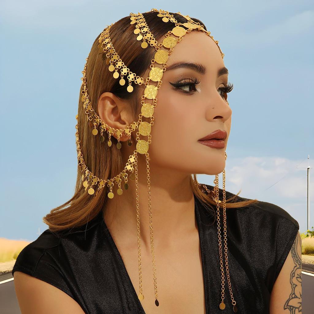 Middle Style Eastern Golden Headpiece With Tassels And Coin For Travel Holiday