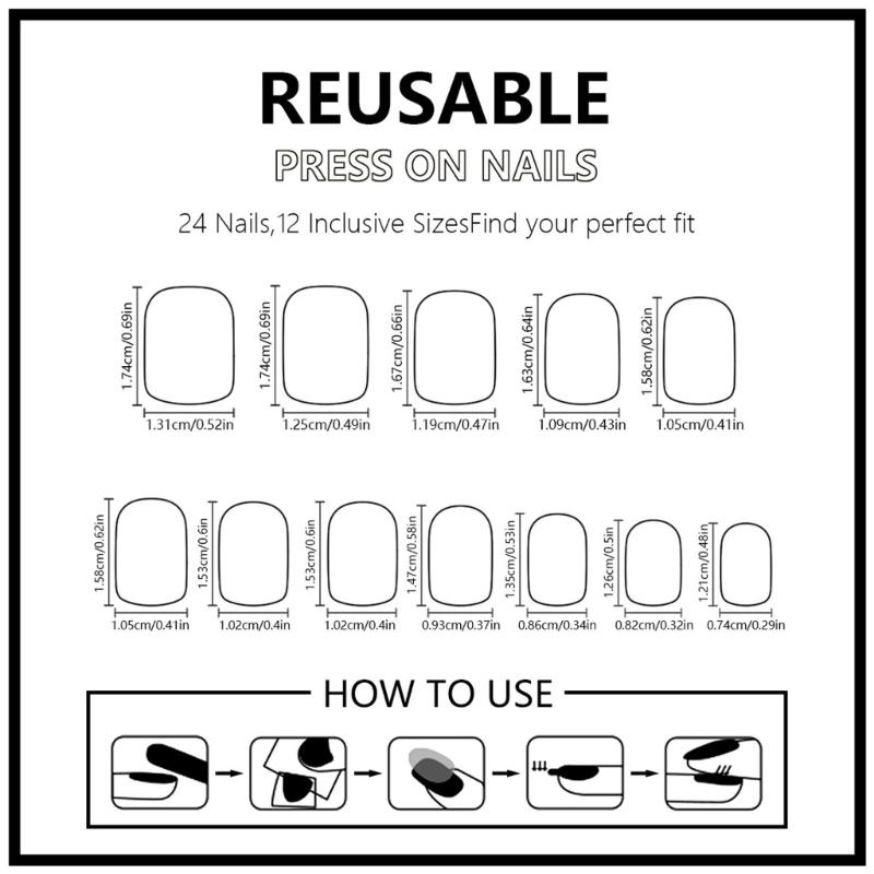 24 stycken korta fyrkantiga lösnaglar, återanvändbara konstgjorda naglar, glansiga påklistringsnaglar, fransk tipp, press-on-naglar för kvinnor