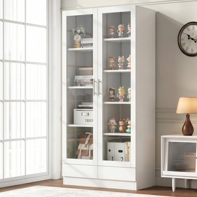 Kast met Glazen Deur, Archiefkast, Vitrinekast, Kantoorkast, Hoge Kast & Opbergkast met 2 Lades, Wit, Afmetingen 80×40×160 cm