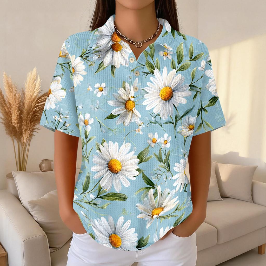 Women's Casual Short Sleeve Floral Print Waffle Knit Polo Shirt Relaxed Fit Button Down Collar Top for Everyday Wear