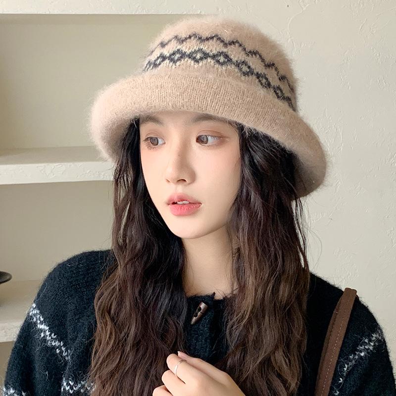 Jacquard Curled Fisherman Hat Women's Winter Windproof Retro Fashion Versatile Warm Ear Protection Knitted Basin Hat