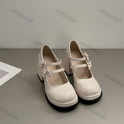 Fashion Women Thick Soled Mary Jane Pumps Thick High Heels Leather Shoes Female Square Toe Spring Fashion Party Leather Mary Jane Shoes
