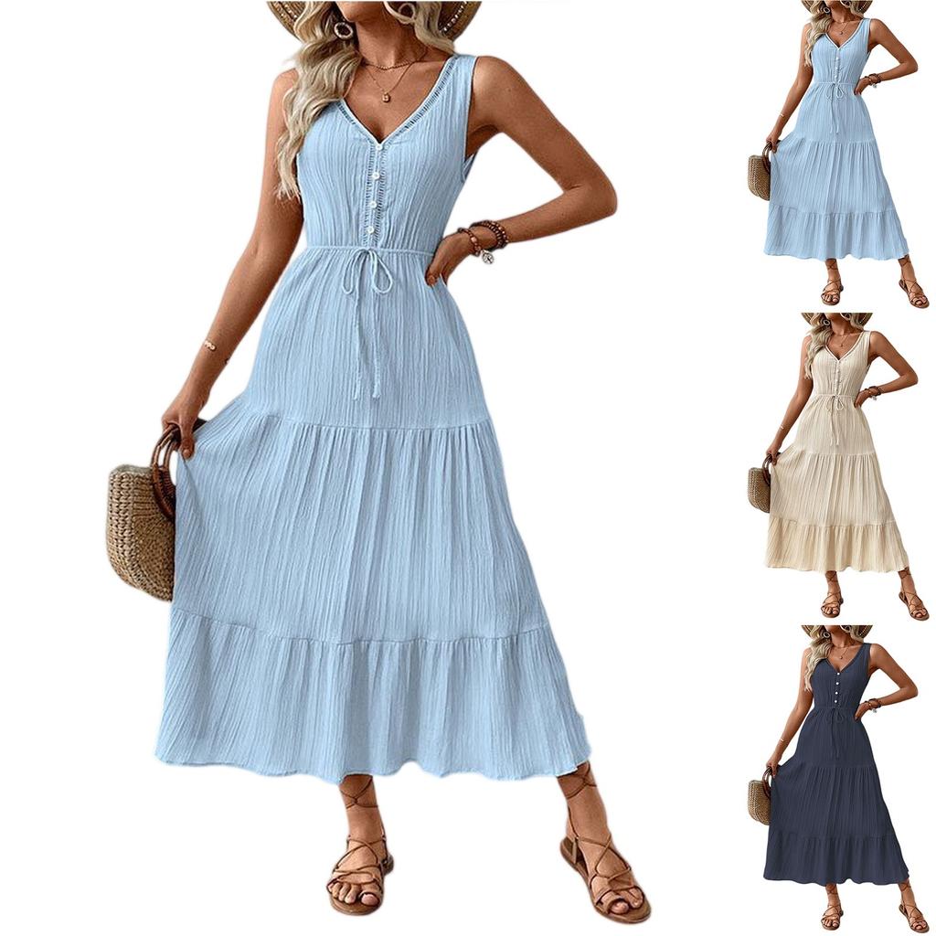 Women's Summer Sleeveless V-Neck Ruffle A-Line Midi Dress