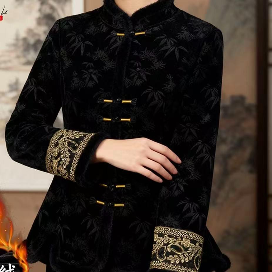 

Женская зимняя жакардовая рубашка с воротником-стойкой и пуговицами-лягушками - На подкладке из бархата, с длинным рукавом, в китайском трендовом стиле. XL (85-110 jin)