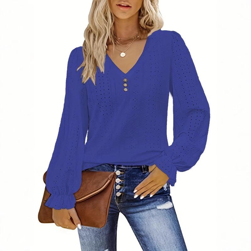 Dam-t-shirt med V-ringning med vår-höst ihålig ledig plisserad ärm toppskjorta