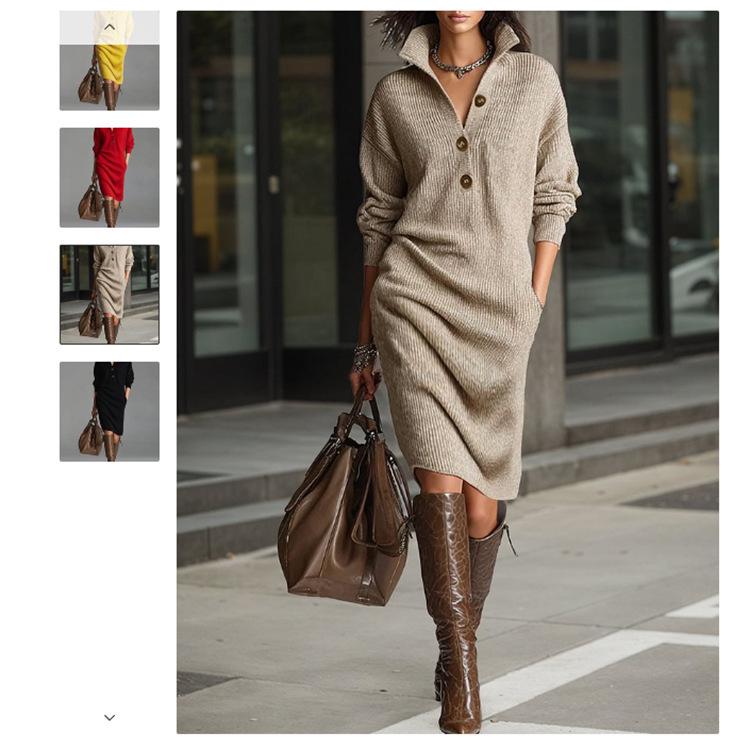 2025 Europäisches & Amerikanisches Lässiges Herbst-Strick-Midikleid mit Knopfleiste und Kragen