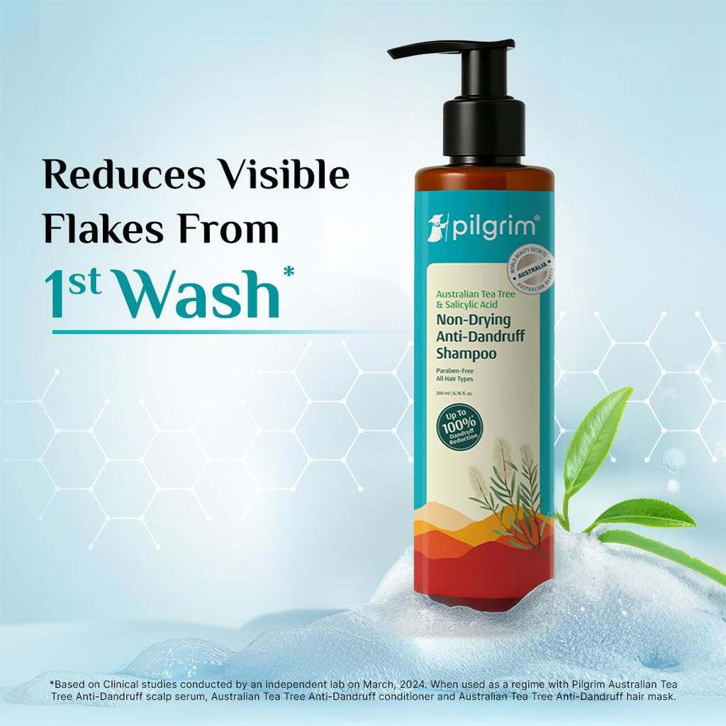 Pilgrim Australian Tea Tree Non-Drying Anti-Dandruff Shampoo 200 Ml X Pack of 2 for Smooth, Strong Hair