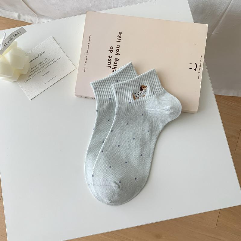 Women's Spring and Summer Thin Versatile Preppy Cute Polka Dot Embroidered Cotton Breathable Short Tube Socks