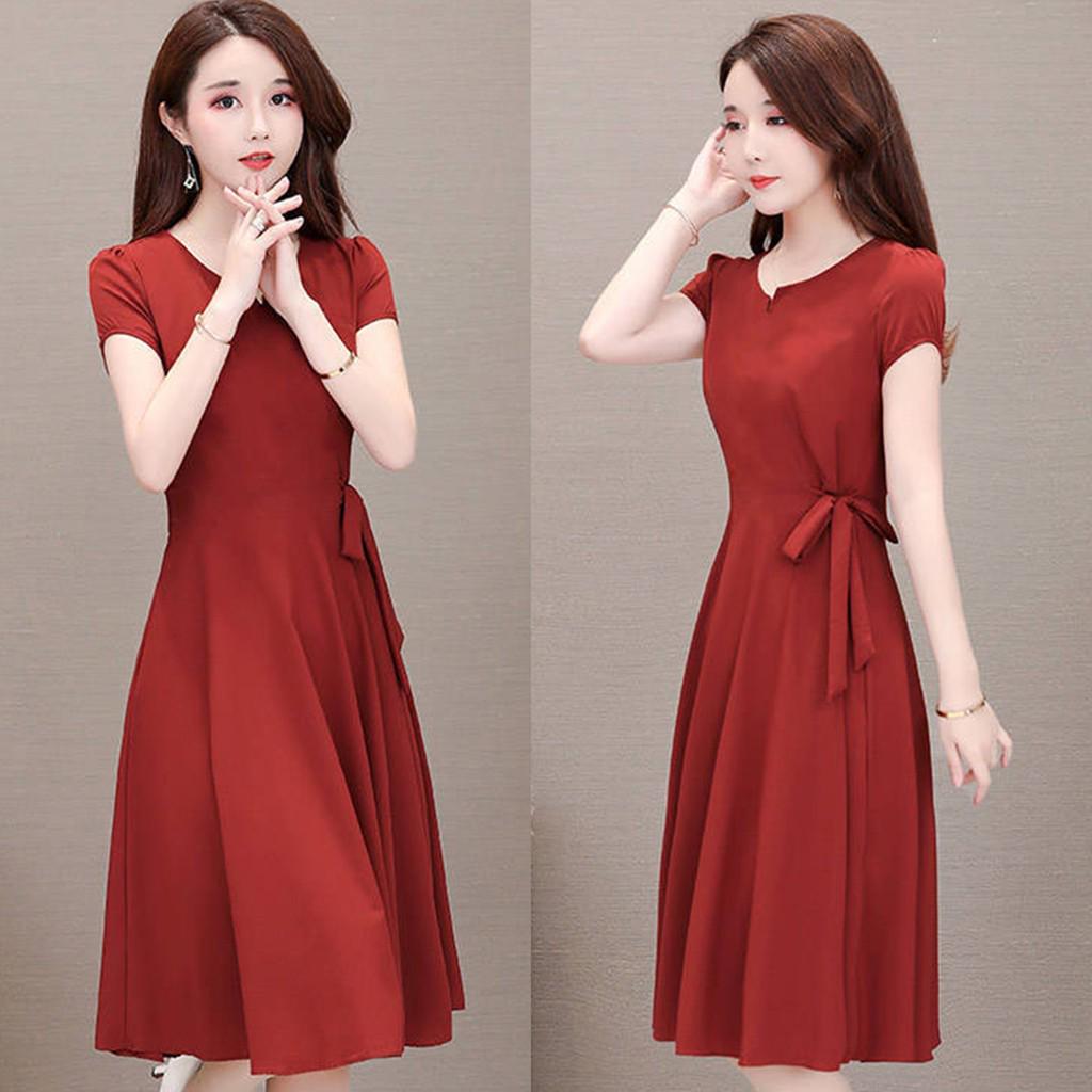 Women Girls Solid  Short Sleeve A-Line Dress Casual Summer Dress Clothes