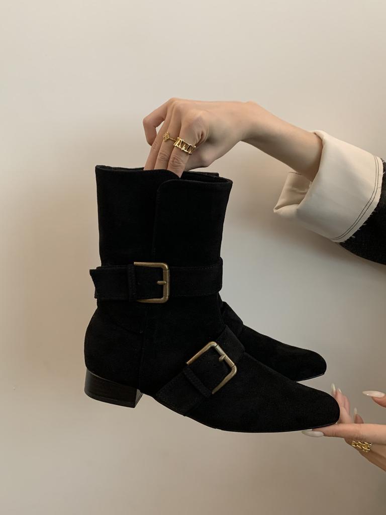 Cowhide Version~ Retro French Thick Heel Short Boots Women's Boots 2025 New Korean Version Medium Tube Boots Small Square Head Western Boots