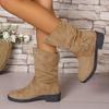 Plus Size Women's Spring Wrinkled Belt Buckle Boots Block Heel Below Knee Slimming Mid-Calf