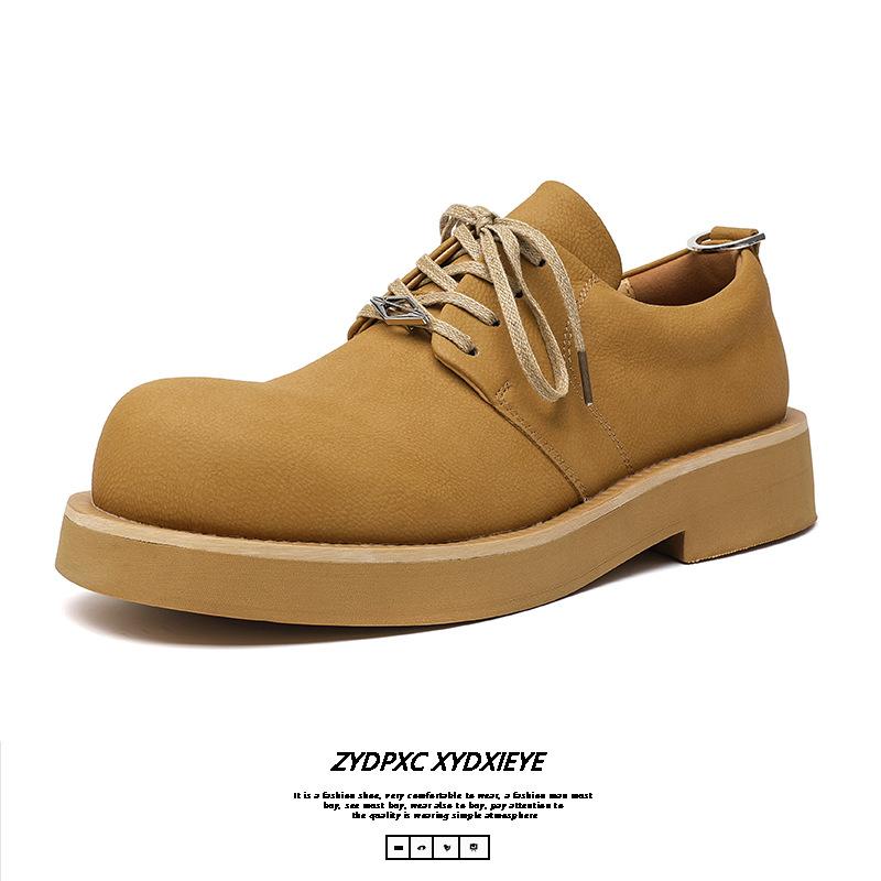 Derby shoes 2025 new British style lace-up yellow small leather shoes men's round head thick heel single shoes platform 177177-E