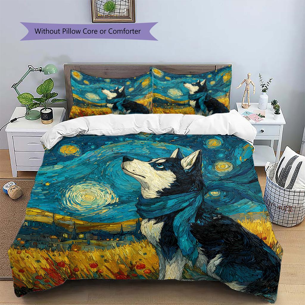 Scarf-wearing Dog at Night Pattern Bedding Quilt Set Home Decoration Gift (1 * duvet cover + 2 * pillowcase without core)