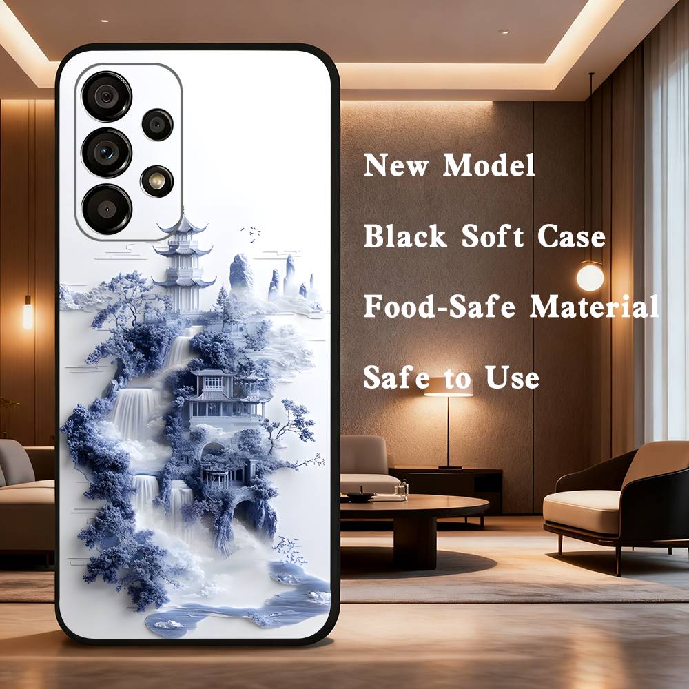 blue and white porcelain Phone Case For Samsung Galaxy A73,31,32,72,41,53,52,71,22,5G,Note,J7,8,9 Soft Black Cover