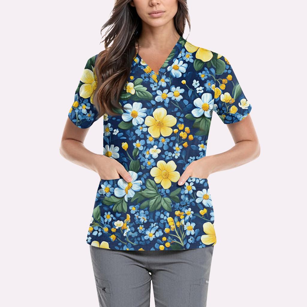Süße bedruckte Arbeitskleidung für Damen, V-Ausschnitt, doppellagige Taschen, Basic, kurzärmeliges Oberteil, Pullover, Valentinstag