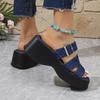 Fashion Blue Denim Chunky Platform Slippers Women Fashion Buckle Wedge Heels Sandals Woman Summer Comfort Thick Bottom Outdoor Slippers