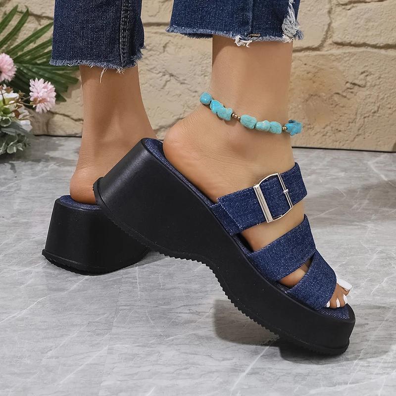 Fashion Blue Denim Chunky Platform Slippers Women Fashion Buckle Wedge Heels Sandals Woman Summer Comfort Thick Bottom Outdoor Slippers