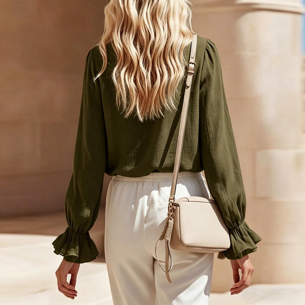 Women's Fashion V Neck Long Sleeve Vintage Ruffle Blouse Pullover Top with Elegant Frill Collar and Cuffs for Casual Wear