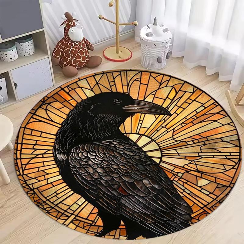 Dark Crow Printed Round Carpet Colorful Glass Windows Living Room Bedroom Decoration Carpet Entrance Doormat of The Foyer 100cm